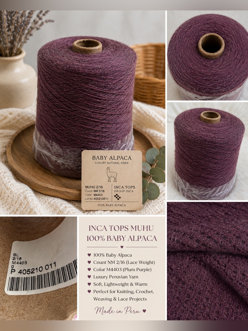 Inca Tops MUHU 100% Baby Alpaca Yarn Cone M4403 Plum Purple Peruvian